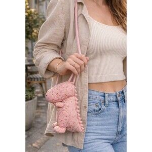 NWT Zara Kids Girls Plush Pink Dinosaur Zipper Cross-Body Purse Bag Handbag